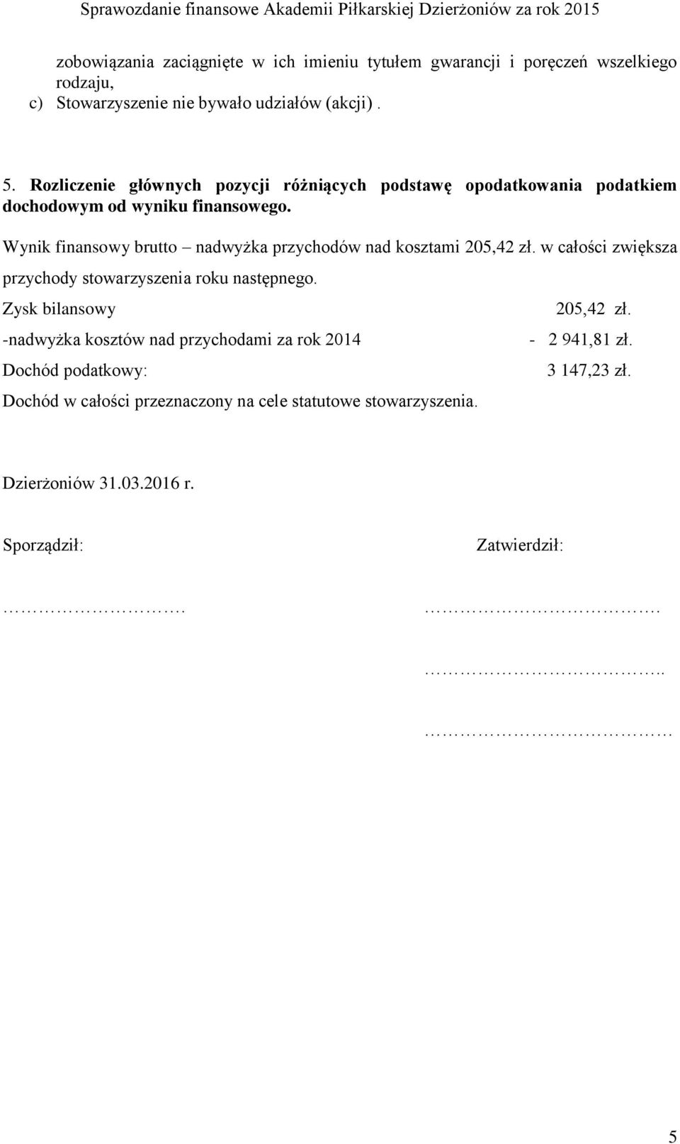 Wynik finansowy brutto nadwyżka przychodów nad kosztami 205,42 zł. w całości zwiększa przychody stowarzyszenia roku następnego.