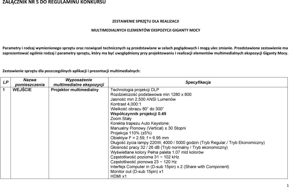 Przedstawione zestawienie ma zaprezentować ogólnie rodzaj i parametry sprzętu, który ma być uwzględniony przy projektowaniu i realizacji elementów multimedialnych ekspozycji Giganty Mocy.