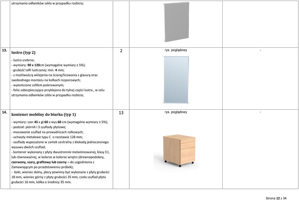 lustra, w celu utrzymania odłamków szkła w przypadku rozbicia; 2 rys. poglądowy - 14. kontener mobilny do biurka (typ 1) - wymiary: szer.43 x gł.60 x wys.