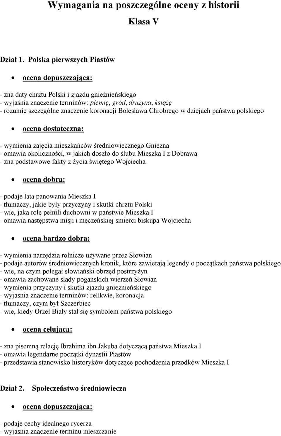 dziejach państwa polskiego - wymienia zajęcia mieszkańców średniowiecznego Gniezna - omawia okoliczności, w jakich doszło do ślubu Mieszka I z Dobrawą - zna podstawowe fakty z życia świętego