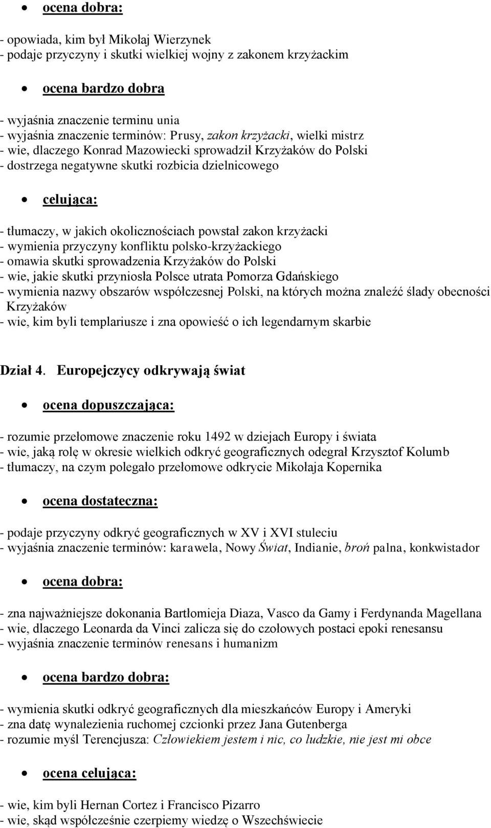 zakon krzyżacki - wymienia przyczyny konfliktu polsko-krzyżackiego - omawia skutki sprowadzenia Krzyżaków do Polski - wie, jakie skutki przyniosła Polsce utrata Pomorza Gdańskiego - wymienia nazwy