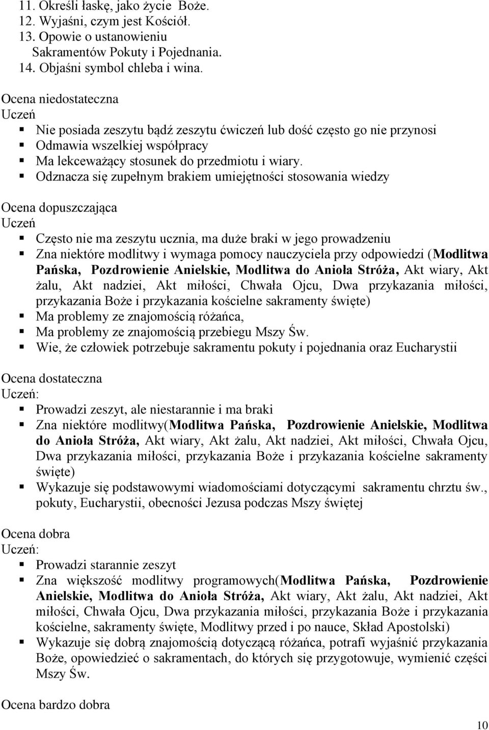 Odznacza się zupełnym brakiem umiejętności stosowania wiedzy Ocena dopuszczająca Uczeń Często nie ma zeszytu ucznia, ma duże braki w jego prowadzeniu Zna niektóre modlitwy i wymaga pomocy nauczyciela