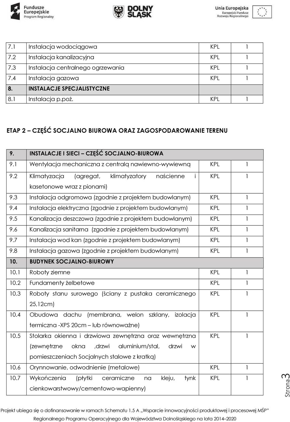 2 Klimatyzacja (agregat, klimatyzatory naścienne i KPL 1 kasetonowe wraz z pionami) 9.3 Instalacja odgromowa (zgodnie z projektem budowlanym) KPL 1 9.