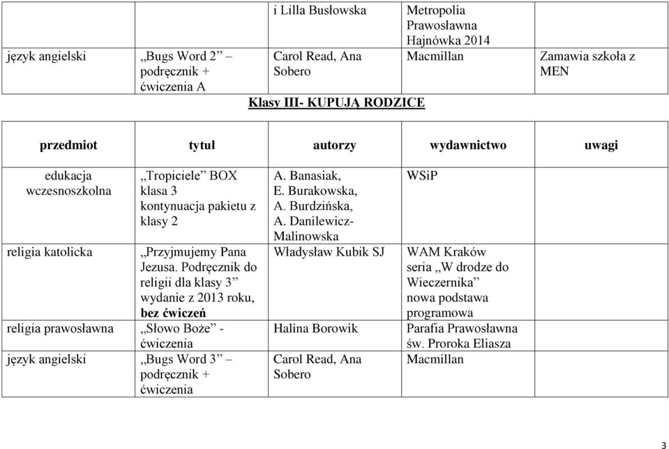 Podręcznik do religii dla klasy 3 wydanie z 2013 roku, bez ćwiczeń religia prawosławna Słowo Boże - ćwiczenia język angielski Bugs Word 3 + ćwiczenia A.