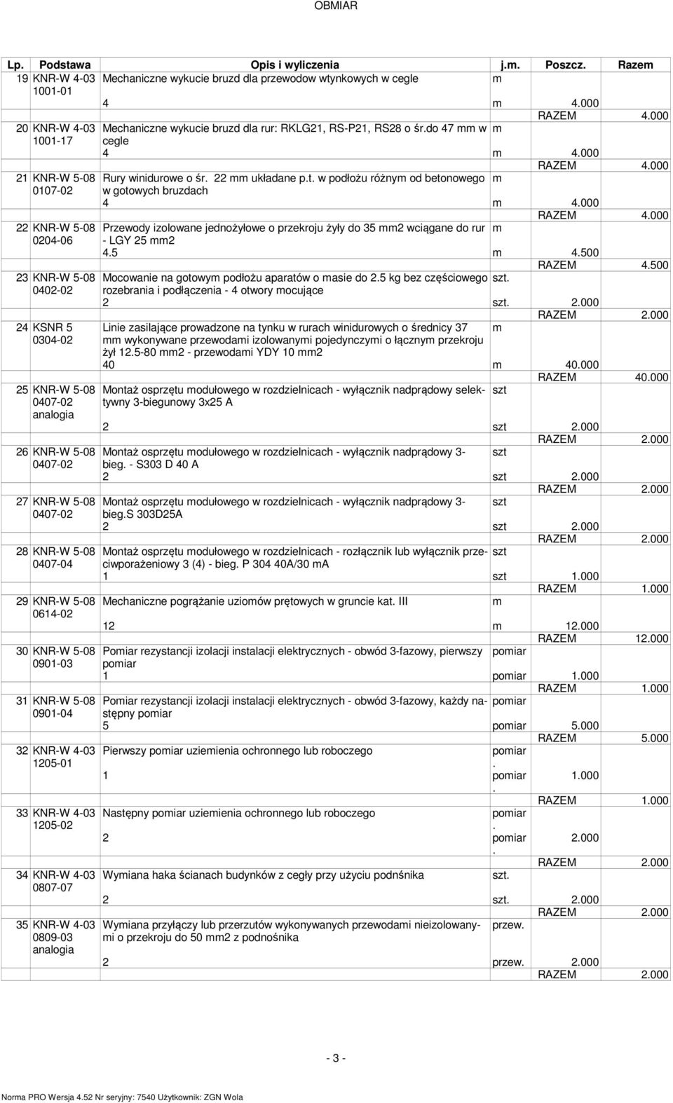 jednożyłowe o przekroju żyły do 35 2 wciągane do rur 0204-06 - LGY 25 2 45 4500 4500 23 KNR-W 5-08 Mocowanie na gotowy podłożu aparatów o asie do 25 kg bez częściowego 0402-02 rozebrania i