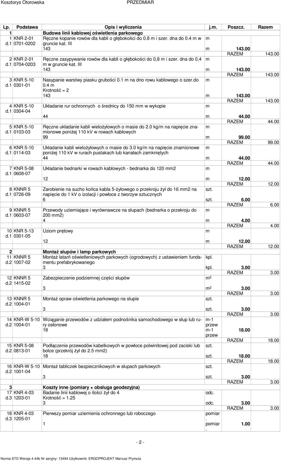 grubości 01 na dno rowu kablowego o szerdo d1 0301-01 04 Krotność = 2 143 14300 4 KNR 5-10 d1 0304-04 5 KNR 5-10 d1 0103-03 6 KNR 5-10 d1 0114-03 7 KNR 5-08 d1 0608-07 8 KNNR 5 d1 0726-09 9 KNNR 5 d1