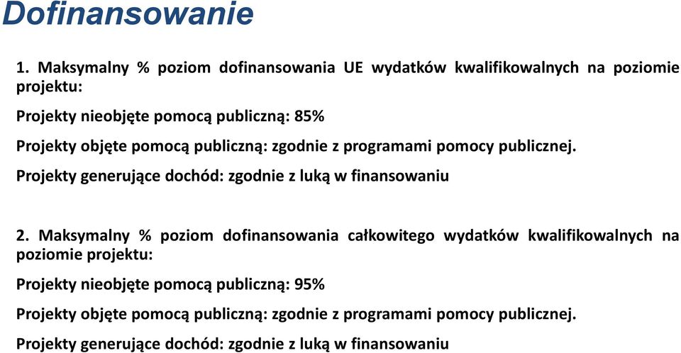 objęte pomocą publiczną: zgodnie z programami pomocy publicznej. Projekty generujące dochód: zgodnie z luką w finansowaniu 2.