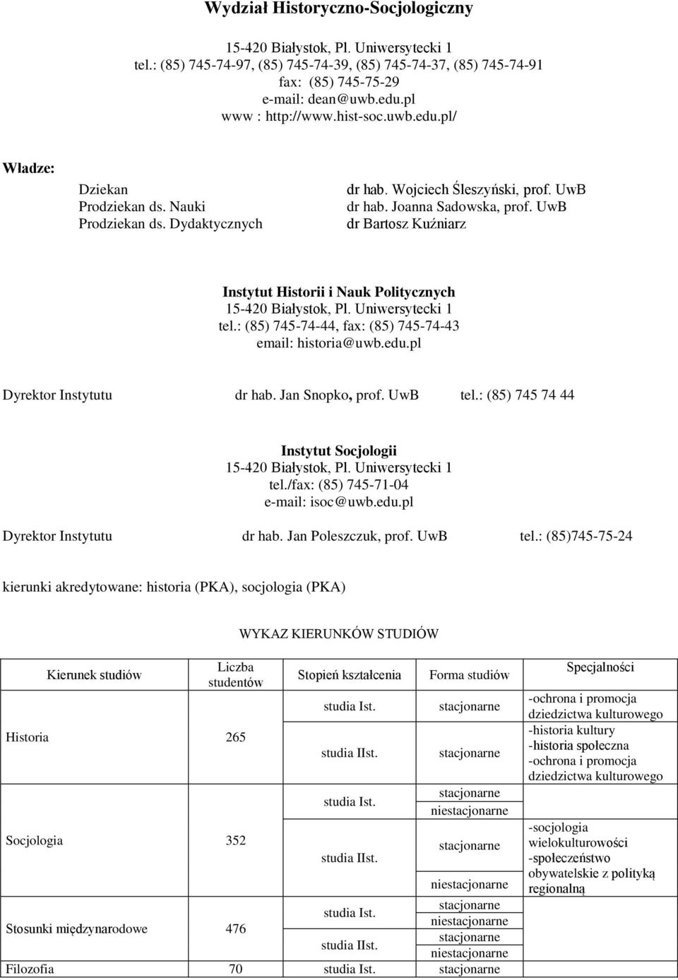 UwB dr Bartosz Kuźniarz Instytut Historii i Nauk Politycznych 15-420 Białystok, Pl. Uniwersytecki 1 tel.: (85) 745-74-44, fax: (85) 745-74-43 email: historia@uwb.edu.pl Dyrektor Instytutu dr hab.