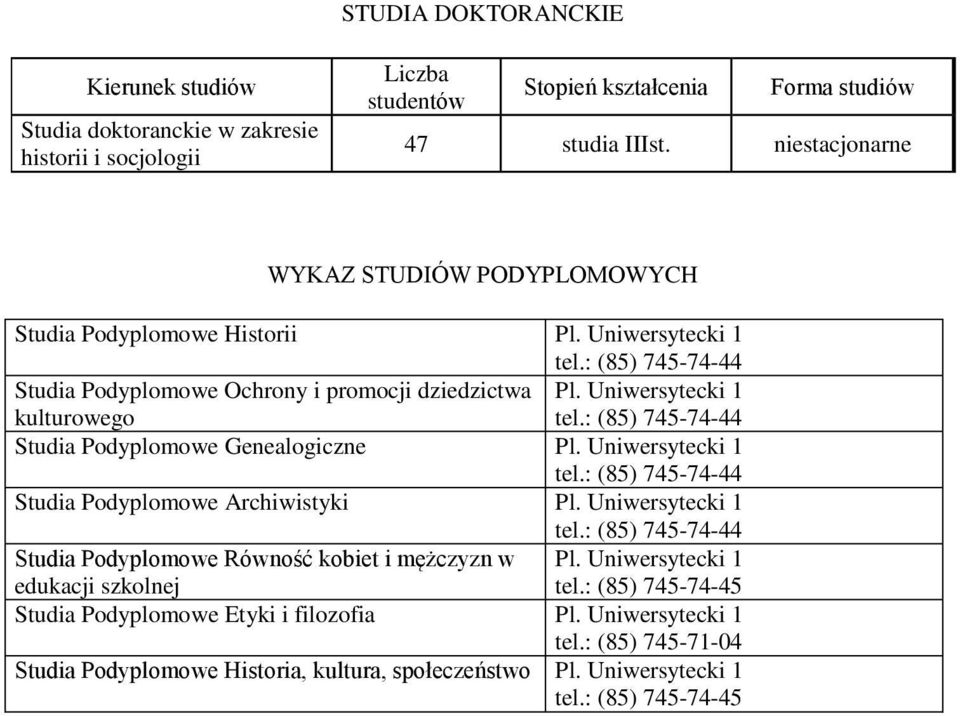 : (85) 745-74-44 Studia Podyplomowe Genealogiczne Pl. Uniwersytecki 1 tel.: (85) 745-74-44 Studia Podyplomowe Archiwistyki Pl. Uniwersytecki 1 tel.: (85) 745-74-44 Studia Podyplomowe Równość kobiet i mężczyzn w Pl.