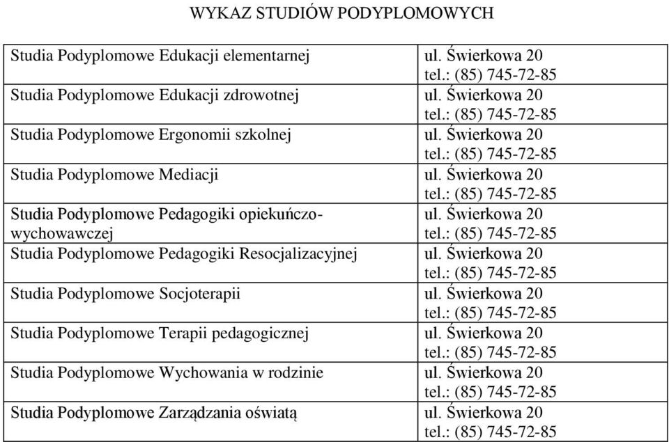 Świerkowa 20 Studia Podyplomowe Pedagogiki opiekuńczowychowawczej ul. Świerkowa 20 Studia Podyplomowe Pedagogiki Resocjalizacyjnej ul.