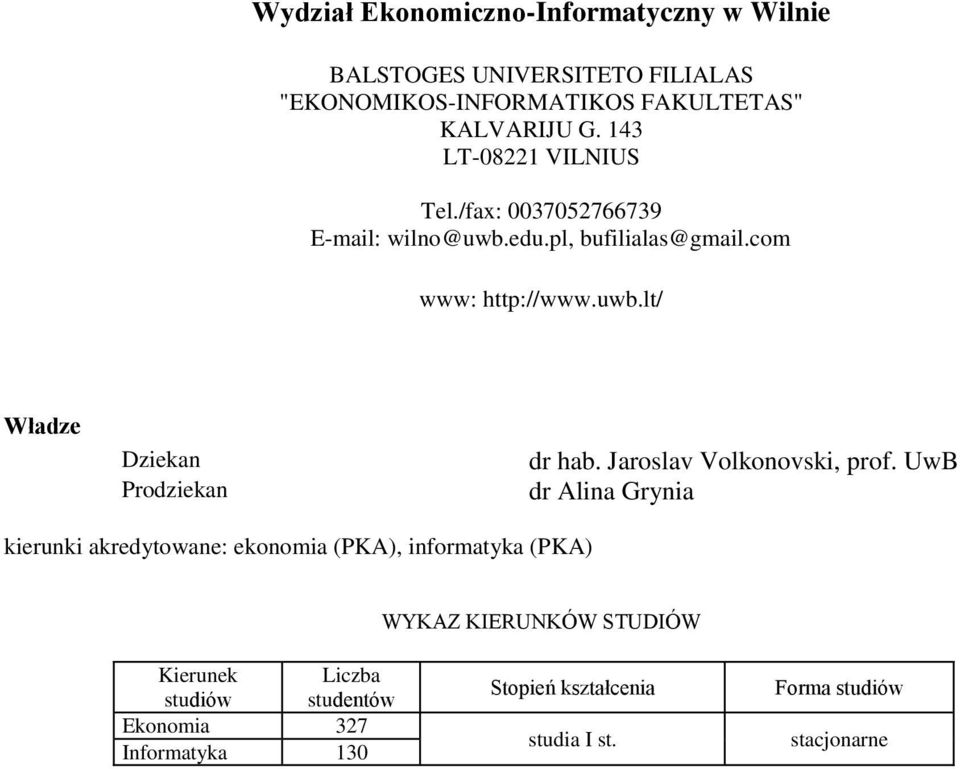 uwb.lt/ Władze Dziekan Prodziekan dr hab. Jaroslav Volkonovski, prof.