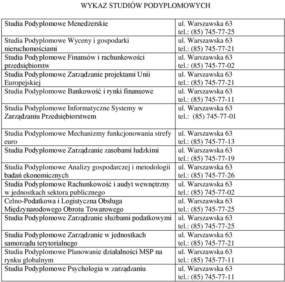 : (85) 745-77-21 Studia Podyplomowe Bankowość i rynki finansowe ul. Warszawska 63 tel.: (85) 745-77-11 Studia Podyplomowe Informatyczne Systemy w ul. Warszawska 63 Zarządzaniu Przedsiębiorstwem tel.