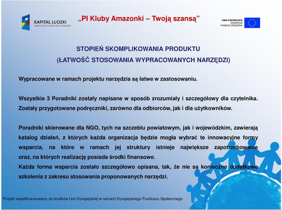 Poradniki skierowane dla NGO, tych na szczeblu powiatowym, jak i wojewódzkim, zawierają katalog działań, z których każda organizacja będzie mogła wybrać te innowacyjne formy wsparcia, na