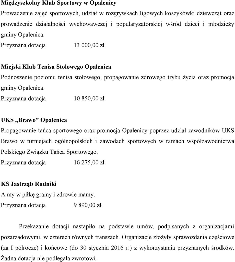 Miejski Klub Tenisa Stołowego Opalenica Podnoszenie poziomu tenisa stołowego, propagowanie zdrowego trybu życia oraz promocja gminy Opalenica. Przyznana dotacja 10 850,00 zł.