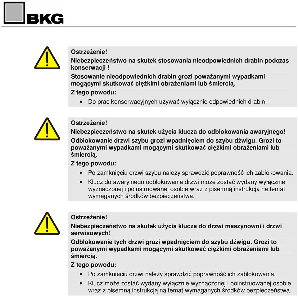 Grozi to powaŝanymi wypadkami mogącymi skutkować cięŝkimi obraŝeniami lub śmiercią. Po zamknięciu drzwi szybu naleŝy sprawdzić poprawność ich zablokowania.