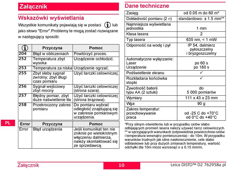 wysoka 253 Temperatura za niska Urządzenie ogrzać. 255 Zbyt słaby sygnał Użyć tarczki celowniczej.