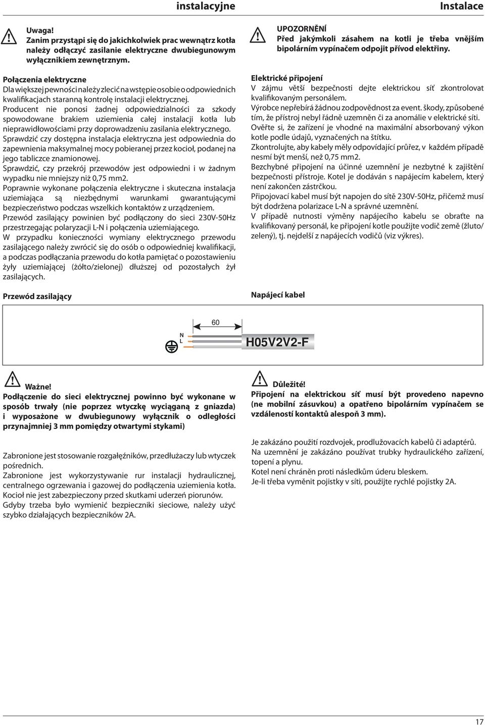 Producent nie ponosi żadnej odpowiedzialności za szkody spowodowane brakiem uziemienia całej instalacji kotła lub nieprawidłowościami przy doprowadzeniu zasilania elektrycznego.