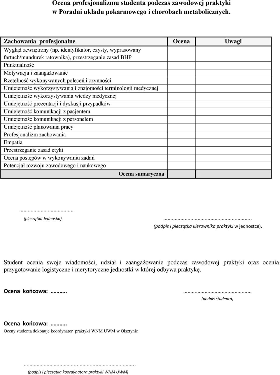 i znajomości terminologii medycznej Umiejętność wykorzystywania wiedzy medycznej Umiejętność prezentacji i dyskusji przypadków Umiejętność komunikacji z pacjentem Umiejętność komunikacji z personelem