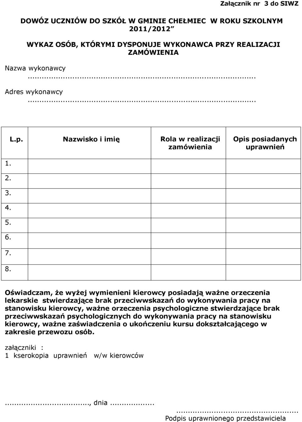 Oświadczam, że wyżej wymienieni kierowcy posiadają ważne orzeczenia lekarskie stwierdzające brak przeciwwskazań do wykonywania pracy na stanowisku kierowcy, ważne orzeczenia psychologiczne