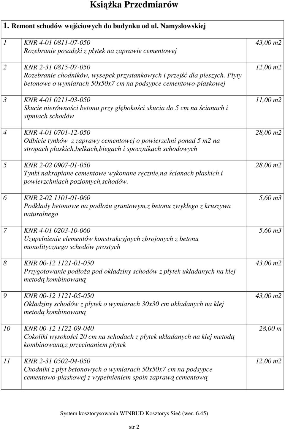 Płyty betonowe o wymiarach 50x50x7 cm na podsypce cementowo-piaskowej 3 KNR 4-01 0211-03-050 Skucie nierówności betonu przy głębokości skucia do 5 cm na ścianach i stpniach schodów 4 KNR 4-01