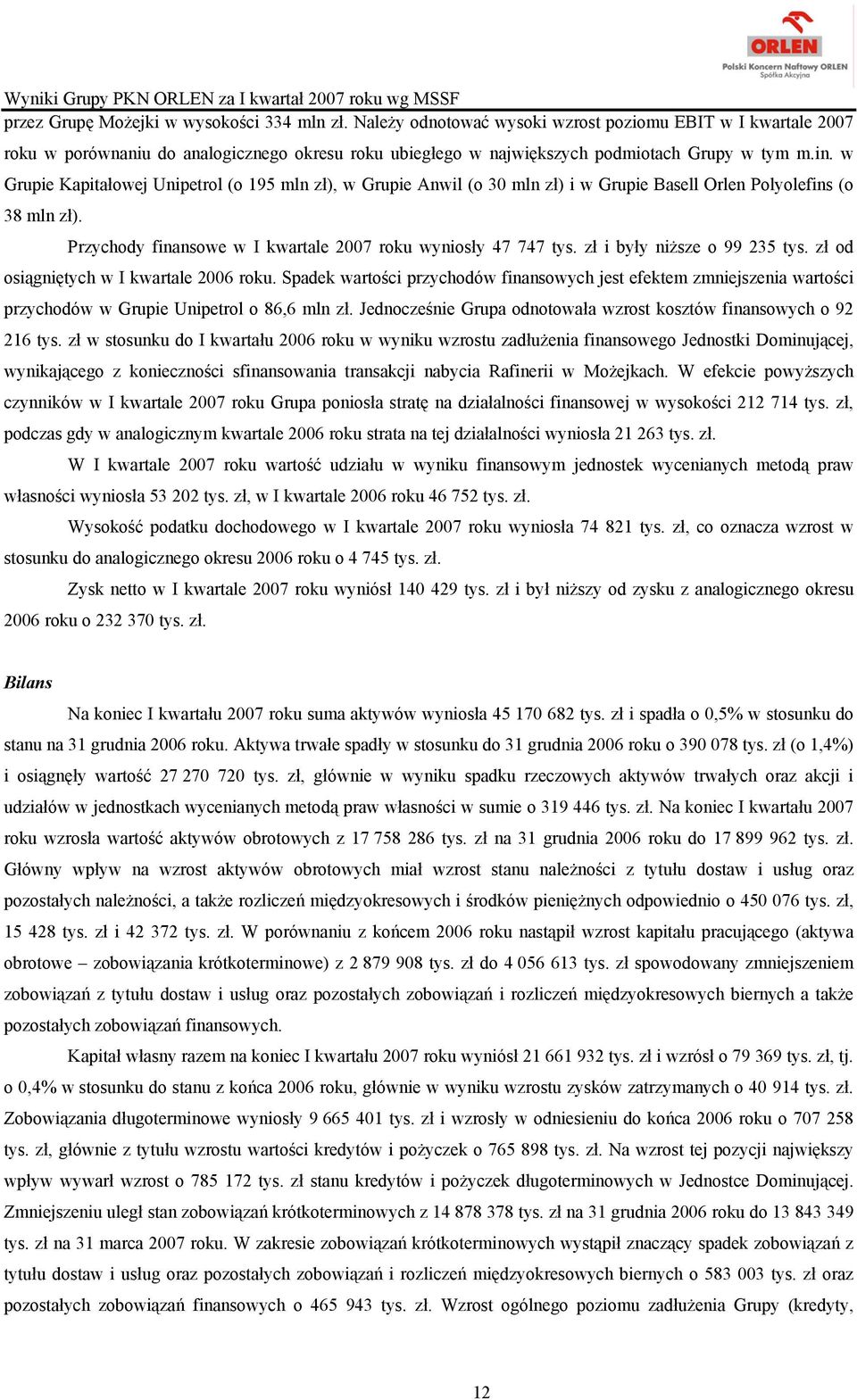 w Grupie Kapitałowej Unipetrol (o 195 mln zł), w Grupie Anwil (o 30 mln zł) i w Grupie Basell Orlen Polyolefins (o 38 mln zł). Przychody finansowe w I kwartale 2007 roku wyniosły 47 747 tys.