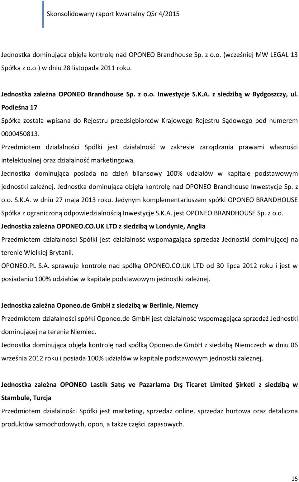 Przedmiotem działalności Spółki jest działalność w zakresie zarządzania prawami własności intelektualnej oraz działalność marketingowa.