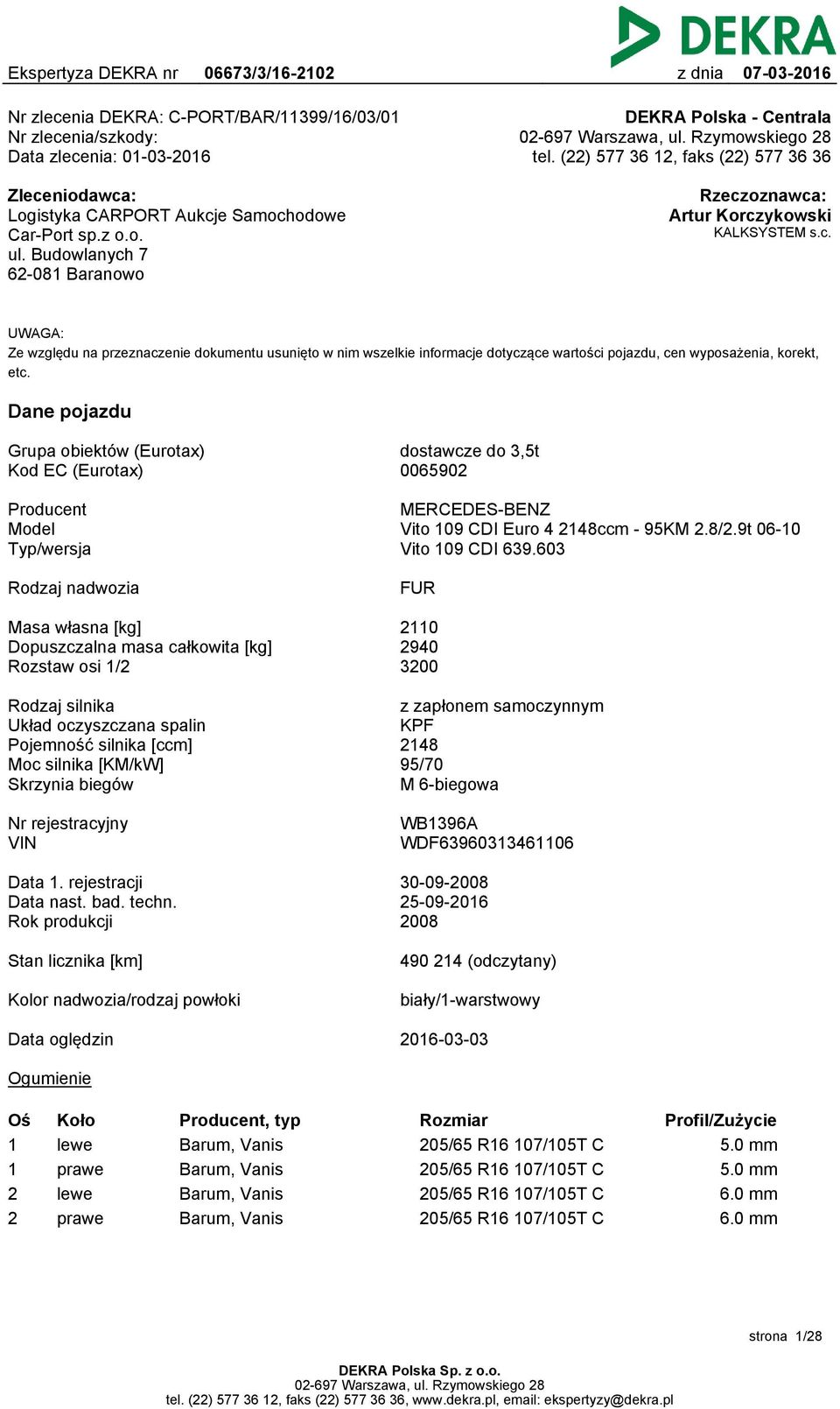 Dane pojazdu Grupa obiektów (Eurotax) Kod EC (Eurotax) dostawcze do 3,5t 0065902 Producent Model Typ/wersja MERCEDES-BENZ Vito 109 CDI Euro 4 2148ccm - 95KM 2.8/2.9t 06-10 Vito 109 CDI 639.