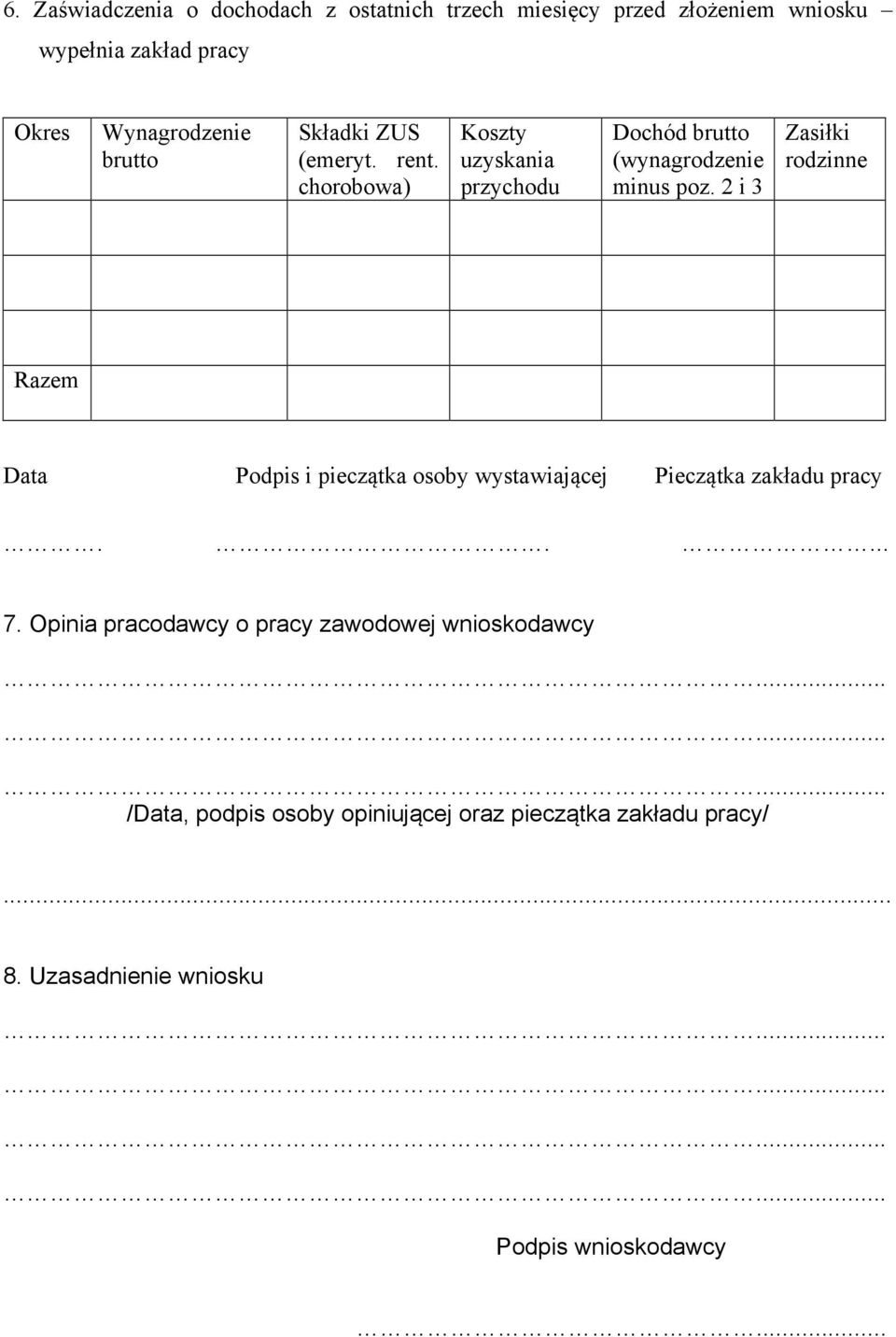 2 i 3 Zasiłki rodzinne Razem Data Podpis i pieczątka osoby wystawiającej Pieczątka zakładu pracy..... 7.