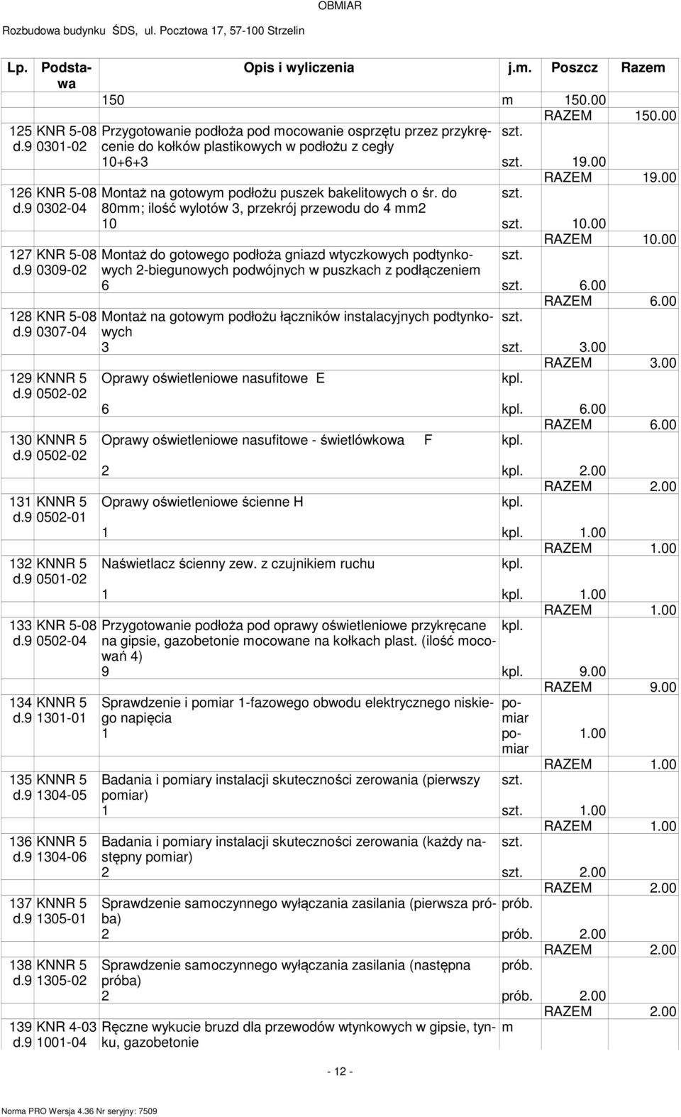 00 7 KNR 5-08 Montaż do gotowego podłoża gniazd wtyczkowych podtynkowych d.9 009-0 -biegunowych podwójnych w puszkach z podłączenie 6 6.00 RAZEM 6.