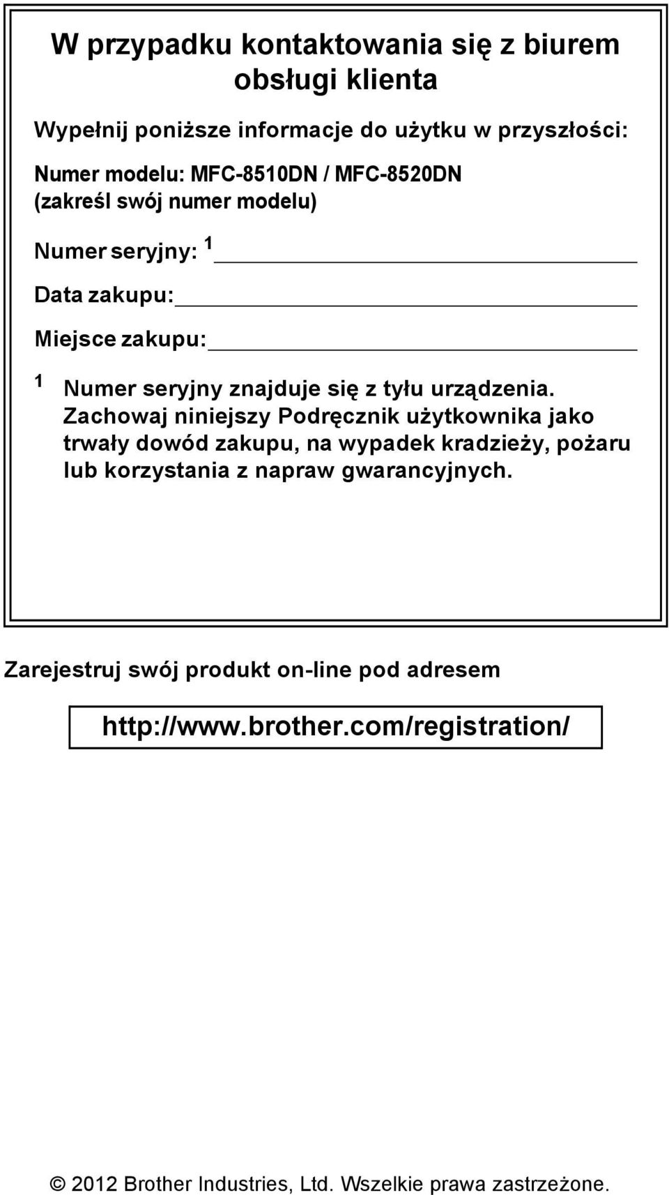 Zachowaj niniejszy Podręcznik użytkownika jako trwały dowód zakupu, na wypadek kradzieży, pożaru lub korzystania z napraw gwarancyjnych.