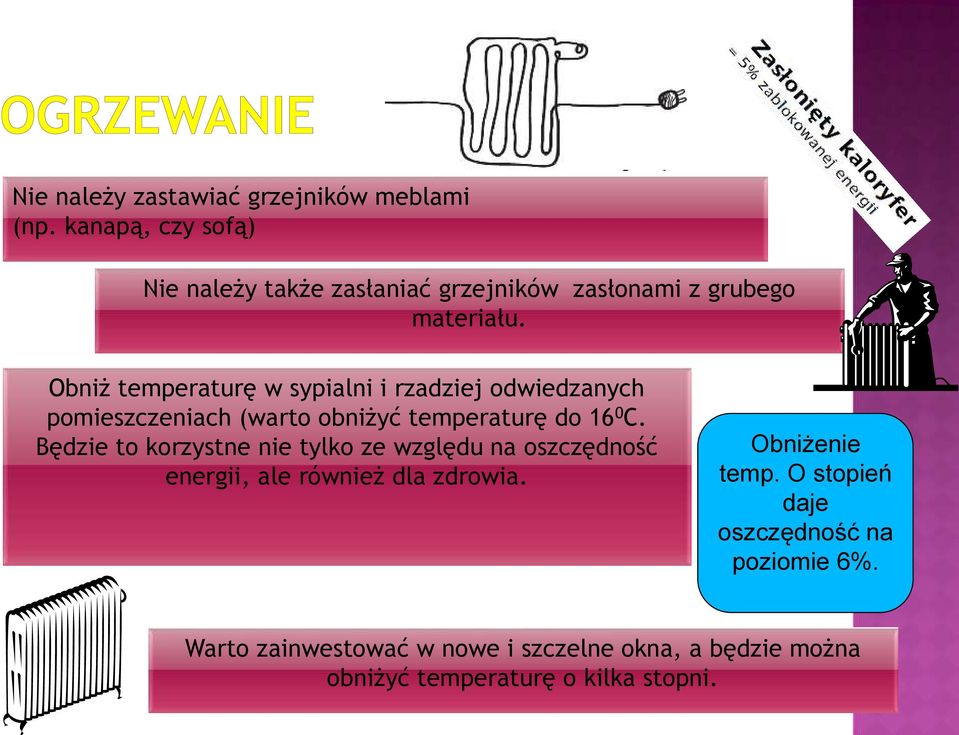 Obniż temperaturę w sypialni i rzadziej odwiedzanych pomieszczeniach (warto obniżyć temperaturę do 16 0 C.