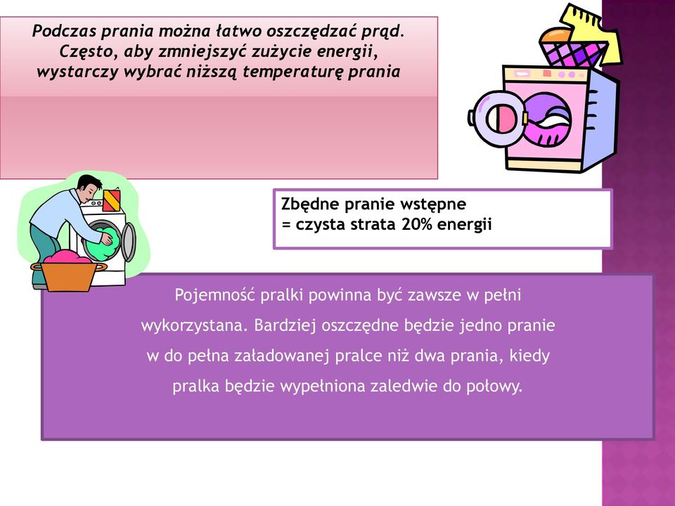 pranie wstępne = czysta strata 20% energii Pojemność pralki powinna być zawsze w pełni