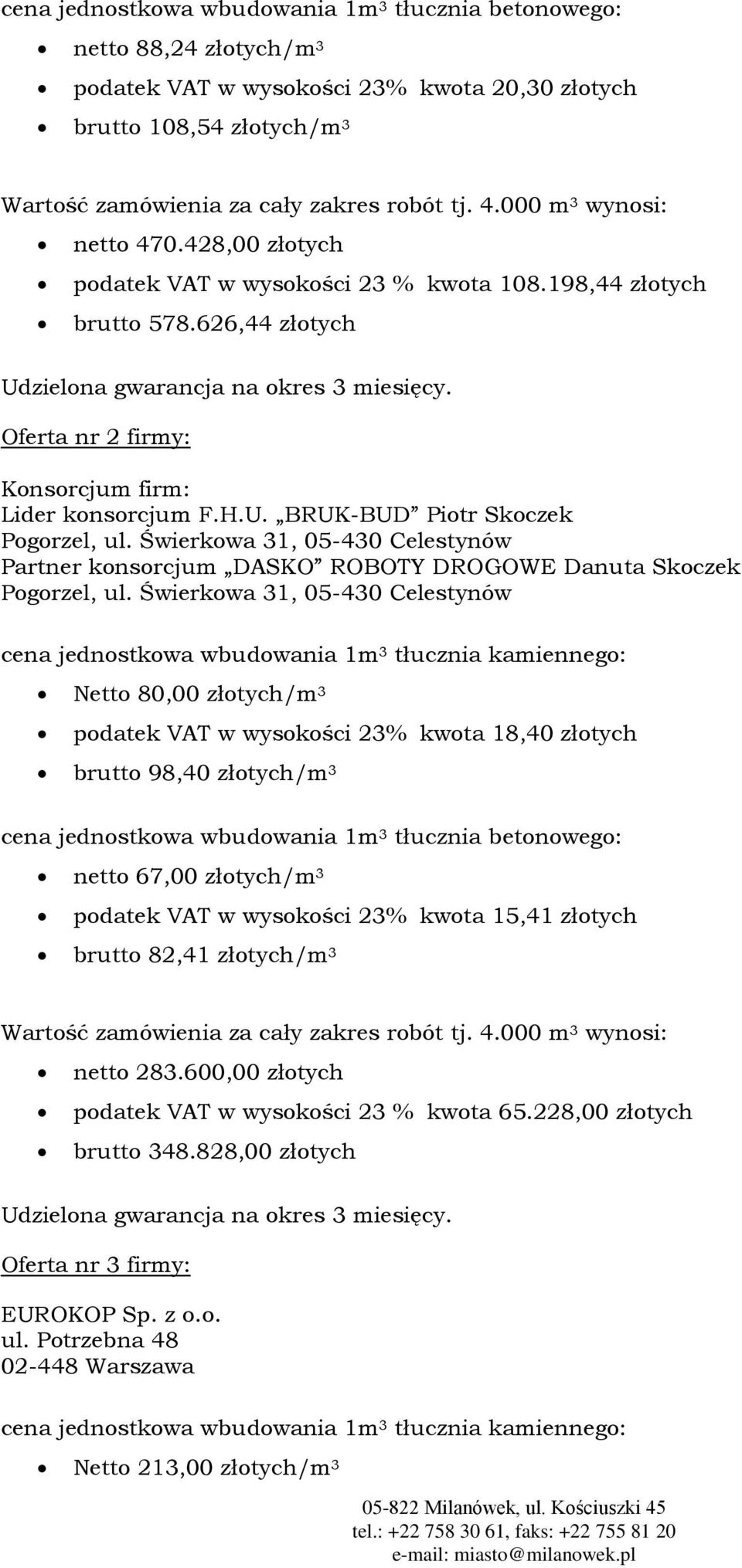 Świerkowa 31, 05-430 Celestynów Partner konsorcjum DASKO ROBOTY DROGOWE Danuta Skoczek Pogorzel, ul.