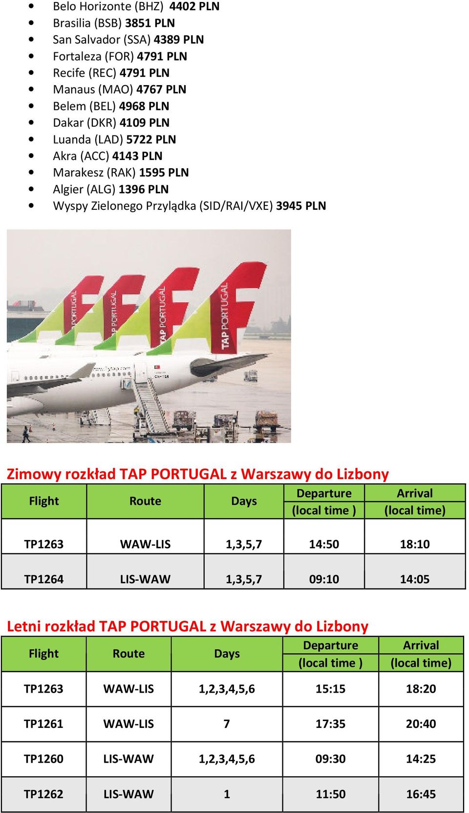 (SID/RAI/VXE) 3945 PLN Zimowy rozkład TAP PORTUGAL z Warszawy do Lizbony TP1263 WAW-LIS 1,3,5,7 14:50 18:10 TP1264 LIS-WAW 1,3,5,7 09:10 14:05 Letni rozkład