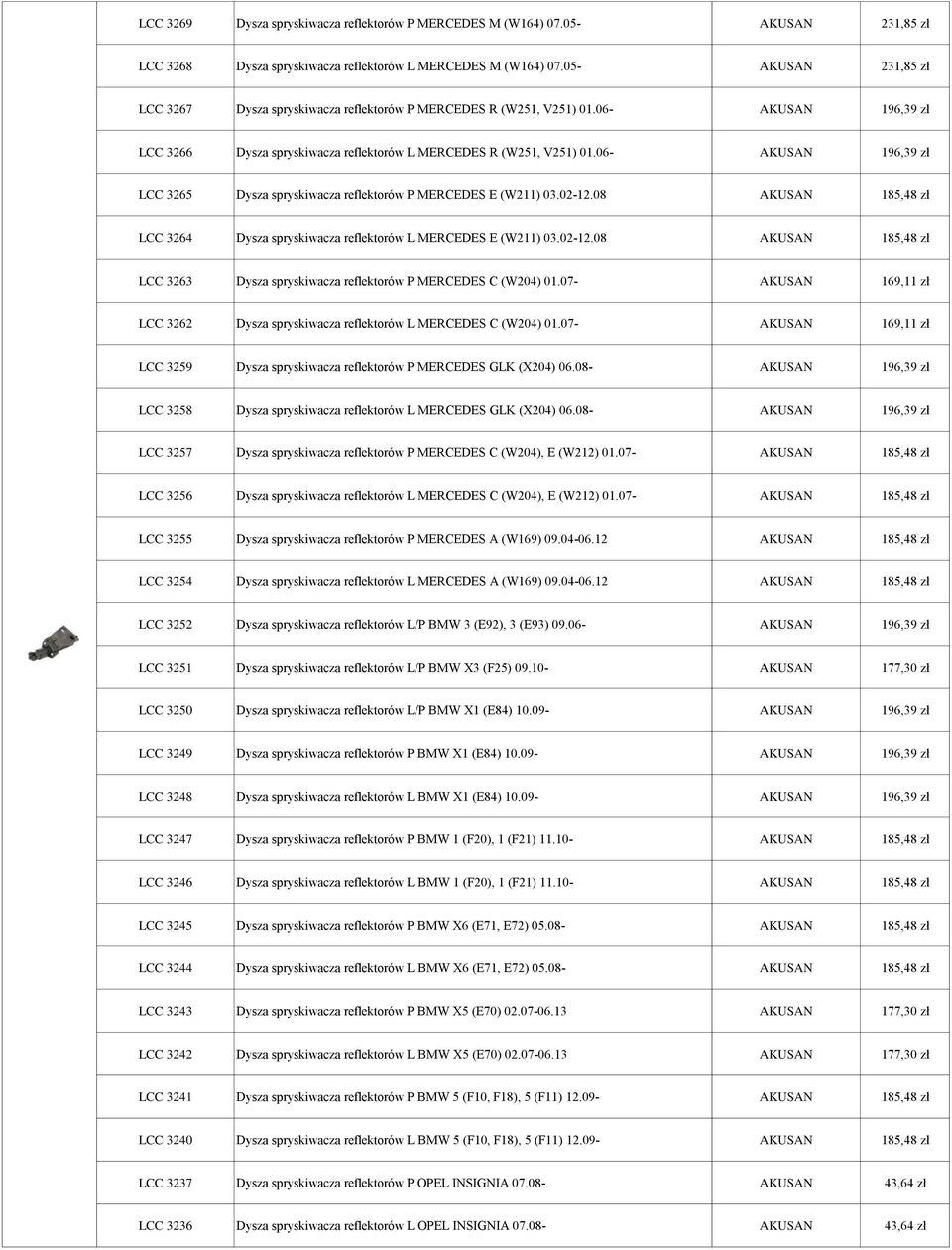 06- AKUSAN 196,39 zł LCC 3265 Dysza spryskiwacza reflektorów P MERCEDES E (W211) 03.02-12.08 AKUSAN 185,48 zł LCC 3264 Dysza spryskiwacza reflektorów L MERCEDES E (W211) 03.02-12.08 AKUSAN 185,48 zł LCC 3263 Dysza spryskiwacza reflektorów P MERCEDES C (W204) 01.