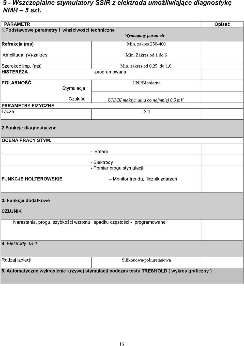 zakres od 0,25 do 1,0 HISTEREZA -programowana POLARNOŚĆ PARAMETRY FIZYCZNE Łącze Stymulacja Czułość UNI/Bipolarna UNI/BI maksymalna co najmniej 0,5 mv IS-1 2.Funkcje diagnostyczne OCENA PRACY STYM.