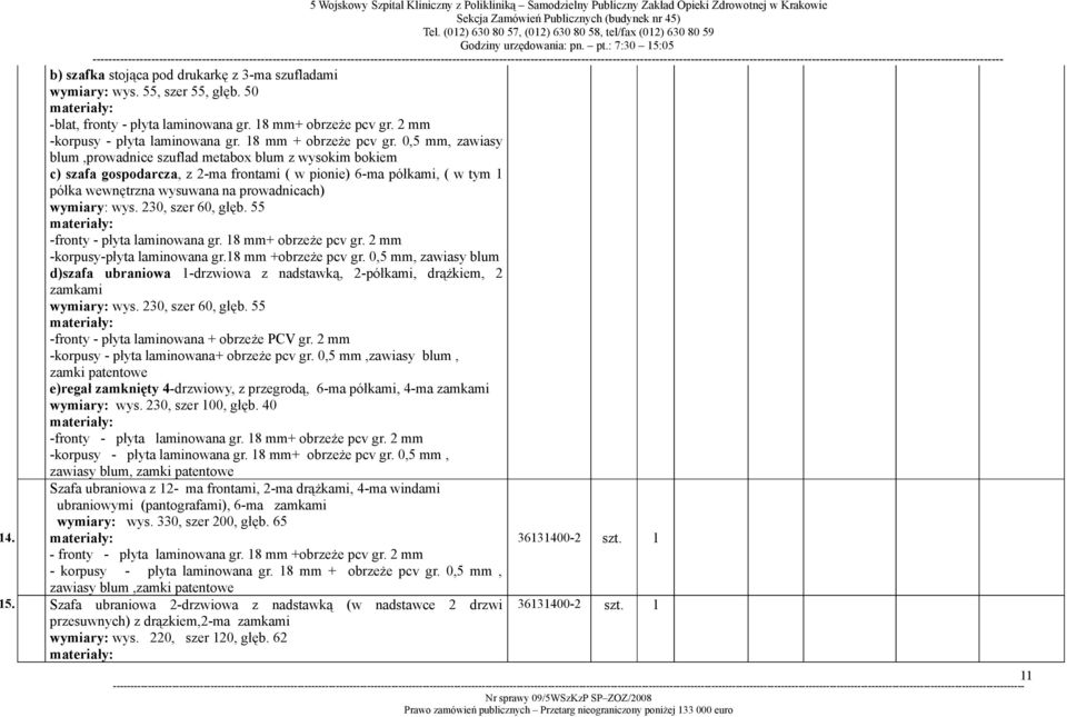 230, szer 60, głęb 55 -fronty - płyta laminowana gr 18 mm+ obrzeże pcv gr 2 mm -korpusy-płyta laminowana gr18 mm +obrzeże pcv gr 0,5 mm, zawiasy blum d)szafa ubraniowa 1-drzwiowa z nadstawką,