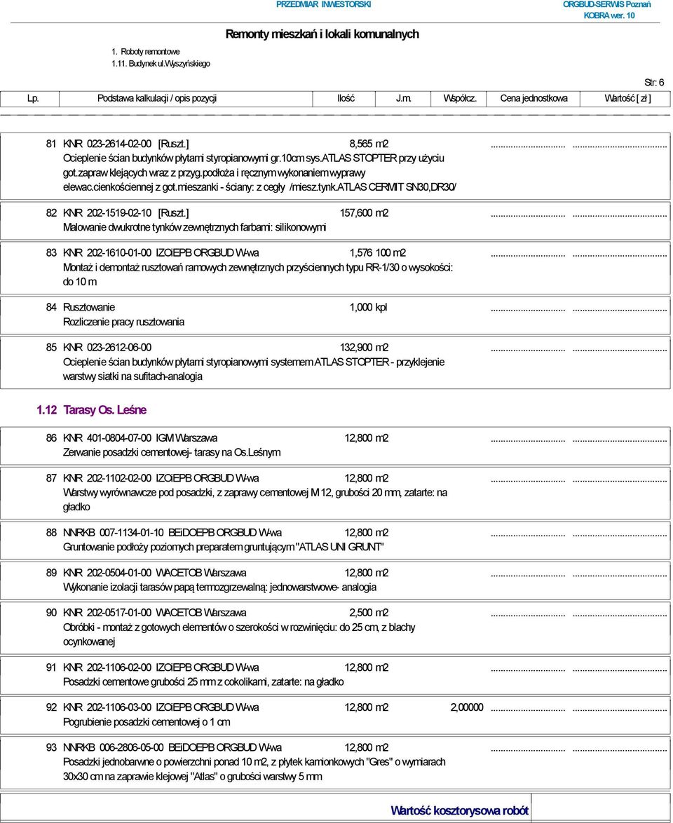 ] 157,600 m2...... Malowanie dwukrotne tynków zewnętrznych farbami: silikonowymi 83 KNR 202-1610-01-00 IZOiEPB ORGBUD W-wa 1,576 100 m2.