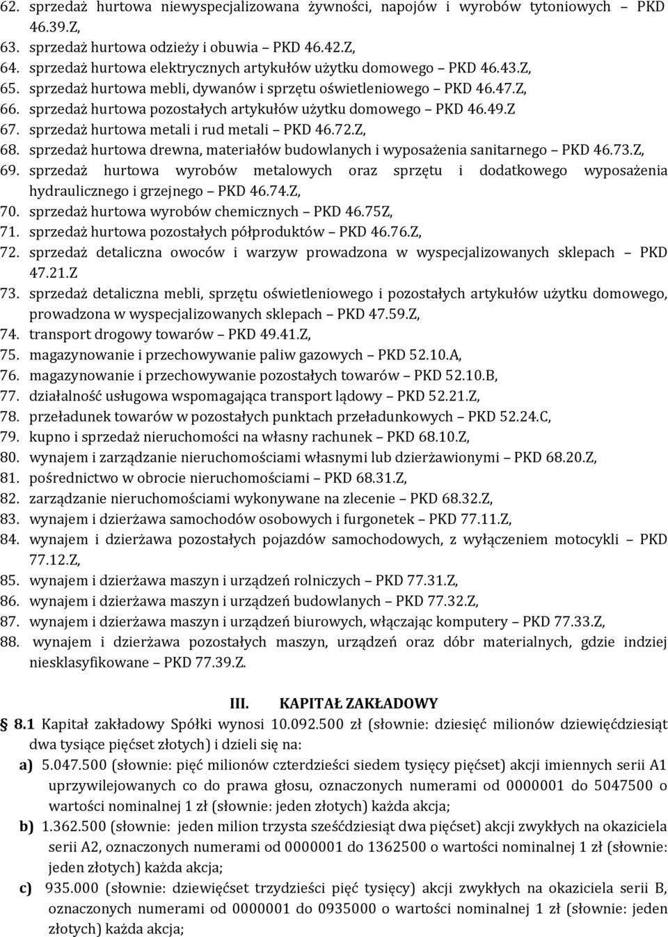 sprzedaż hurtowa pozostałych artykułów użytku domowego PKD 46.49.Z 67. sprzedaż hurtowa metali i rud metali PKD 46.72.Z, 68.