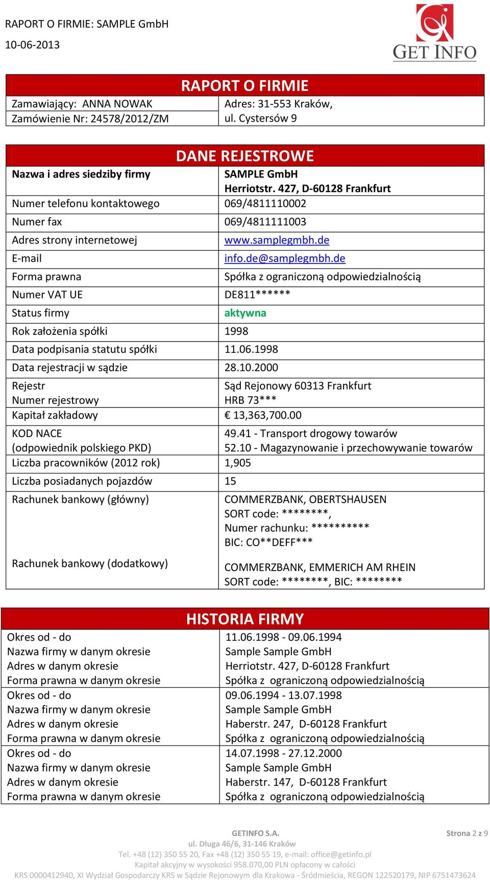 de DE811****** aktywna Rok założenia spółki 1998 Data podpisania statutu spółki 11.06.1998 Data rejestracji w sądzie 28.10.2000 Sąd Rejonowy 60313 Frankfurt HRB 73*** Kapitał zakładowy 13,363,700.