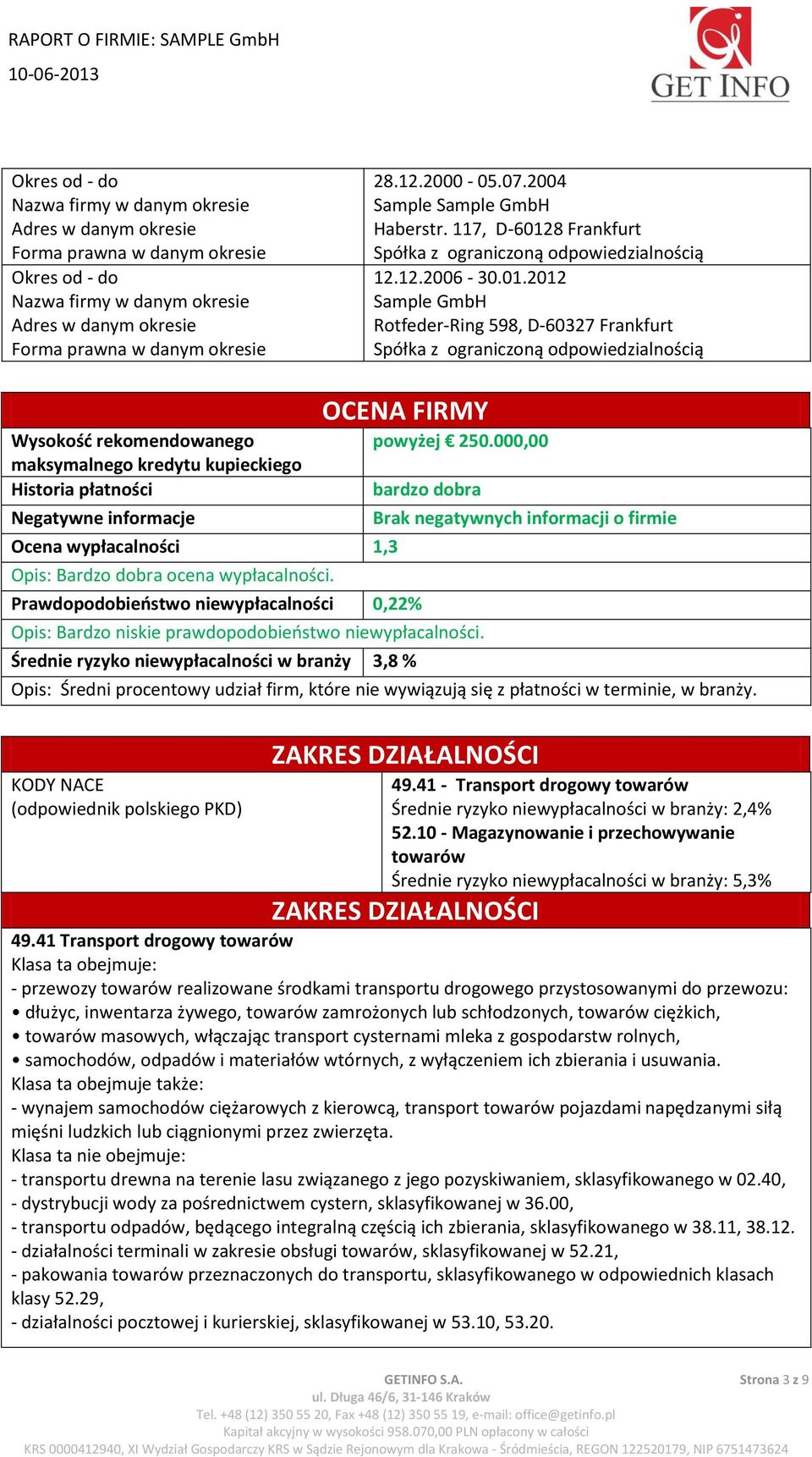 2012 Sample GmbH Rotfeder-Ring 598, D-60327 Frankfurt Wysokość rekomendowanego maksymalnego kredytu kupieckiego Historia płatności Negatywne informacje Ocena wypłacalności 1,3 Opis: Bardzo dobra