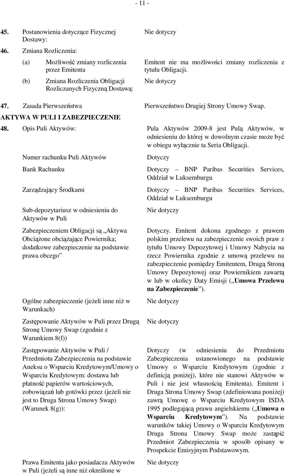 Zasada Pierwszeństwa Pierwszeństwo Drugiej Strony Umowy Swap. AKTYWA W PULI I ZABEZPIECZENIE 48.