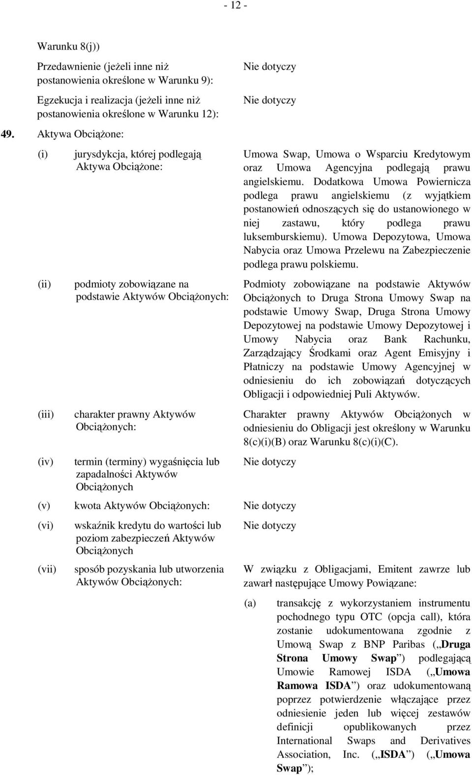 wygaśnięcia lub zapadalności Aktywów Obciążonych Umowa Swap, Umowa o Wsparciu Kredytowym oraz Umowa Agencyjna podlegają prawu angielskiemu.