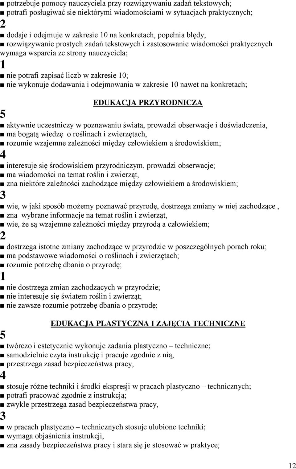 odejmowania w zakresie 10 nawet na konkretach; EDUKACJA PRZYRODNICZA 5 aktywnie uczestniczy w poznawaniu świata, prowadzi obserwacje i doświadczenia, ma bogatą wiedzę o roślinach i zwierzętach,