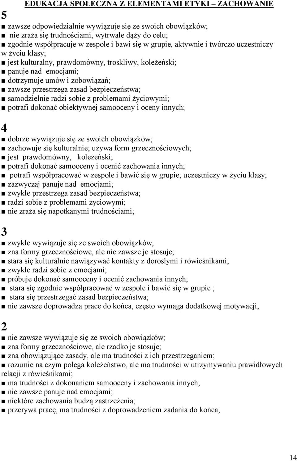 bezpieczeństwa; samodzielnie radzi sobie z problemami życiowymi; potrafi dokonać obiektywnej samooceny i oceny innych; 4 dobrze wywiązuje się ze swoich obowiązków; zachowuje się kulturalnie; używa