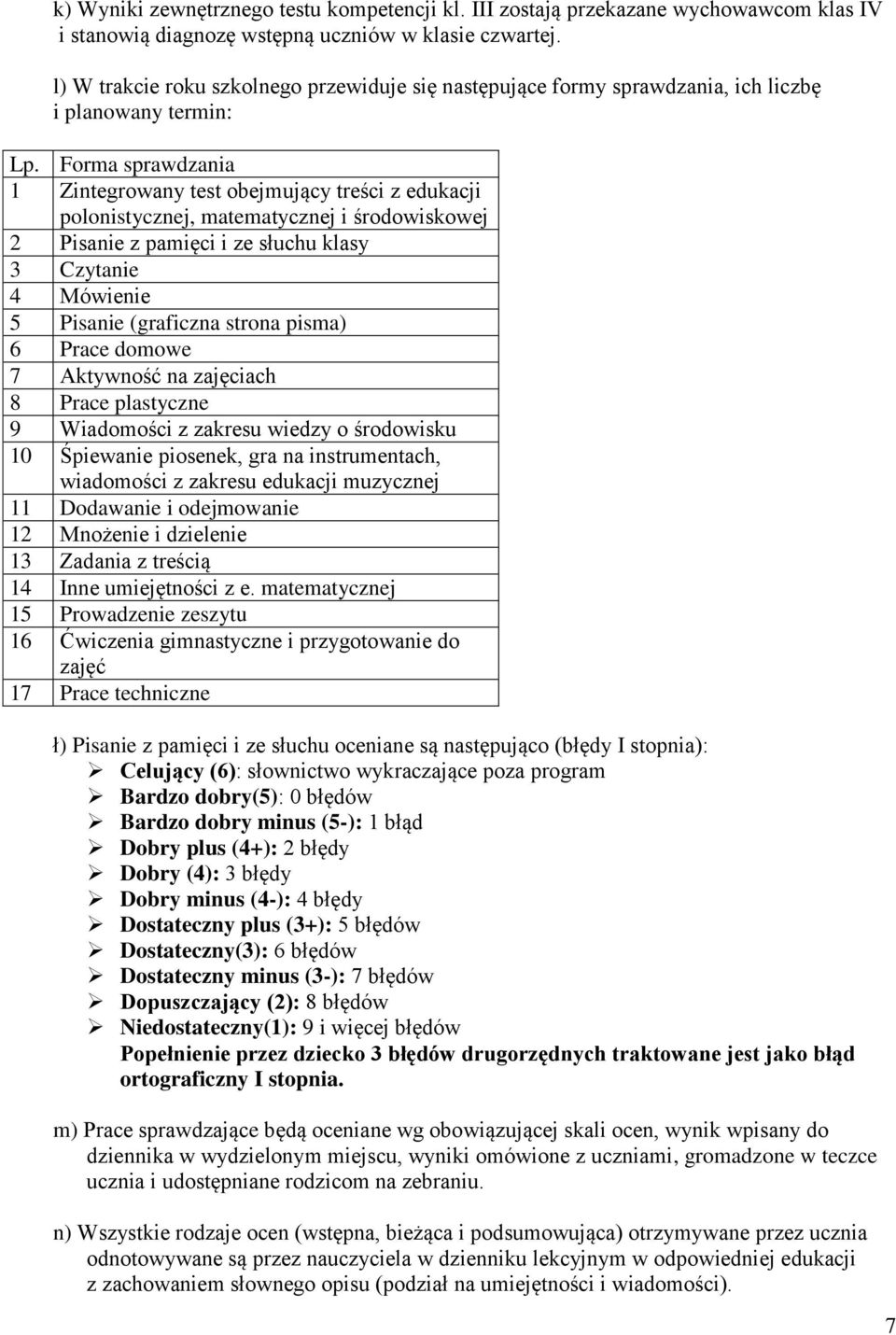 Forma sprawdzania 1 Zintegrowany test obejmujący treści z edukacji polonistycznej, matematycznej i środowiskowej 2 Pisanie z pamięci i ze słuchu klasy 3 Czytanie 4 Mówienie 5 Pisanie (graficzna