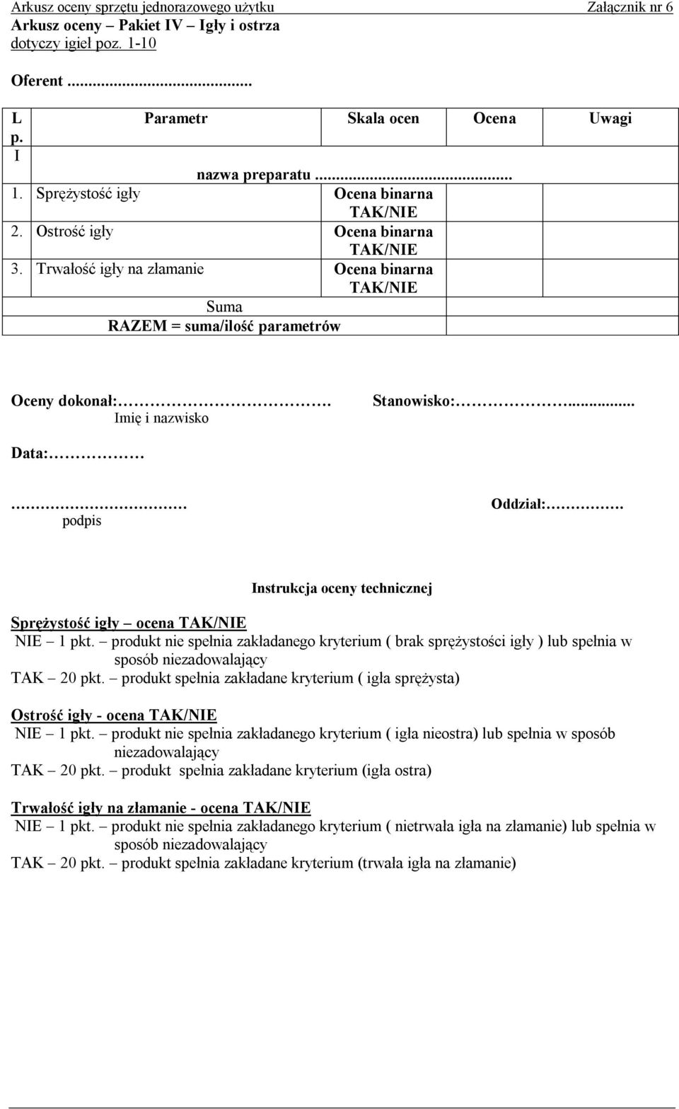 produkt nie spełnia zakładanego kryterium ( brak sprężystości igły ) lub spełnia w sposób TAK 20 pkt.