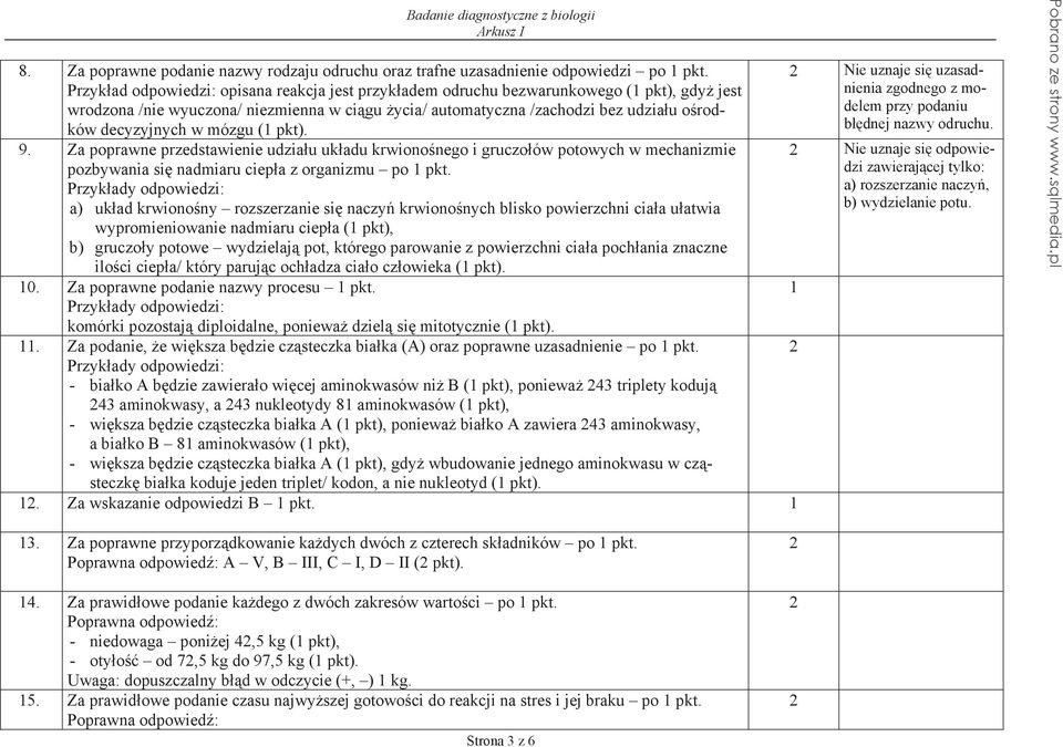 w mózgu (1 pkt). 9. Za poprawne przedstawienie udzia u uk adu krwiono nego i gruczo ów potowych w mechanizmie pozbywania si nadmiaru ciep a z organizmu po 1 pkt.