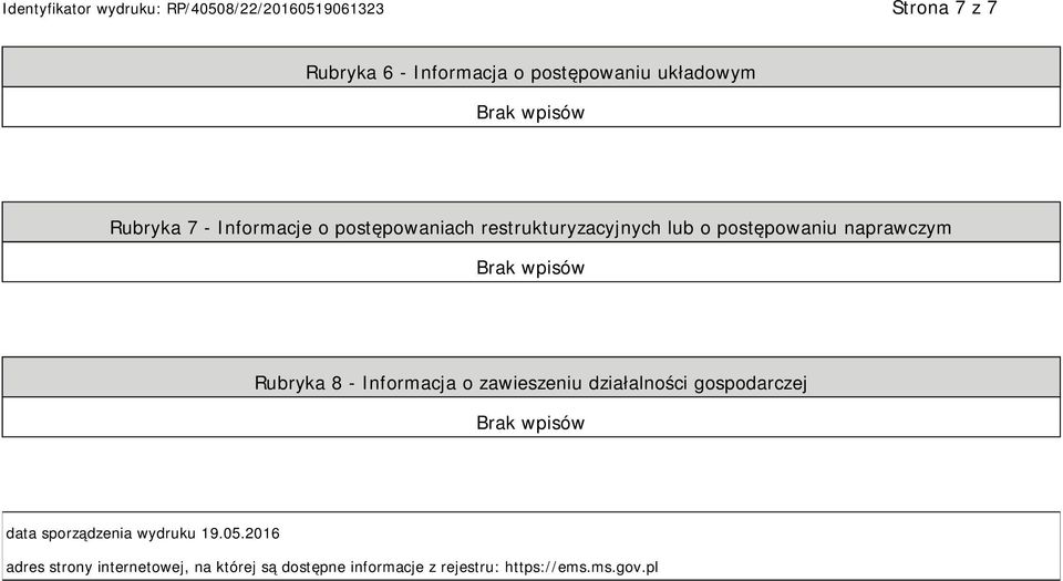 Informacja o zawieszeniu działalności gospodarczej data sporządzenia wydruku 19.05.