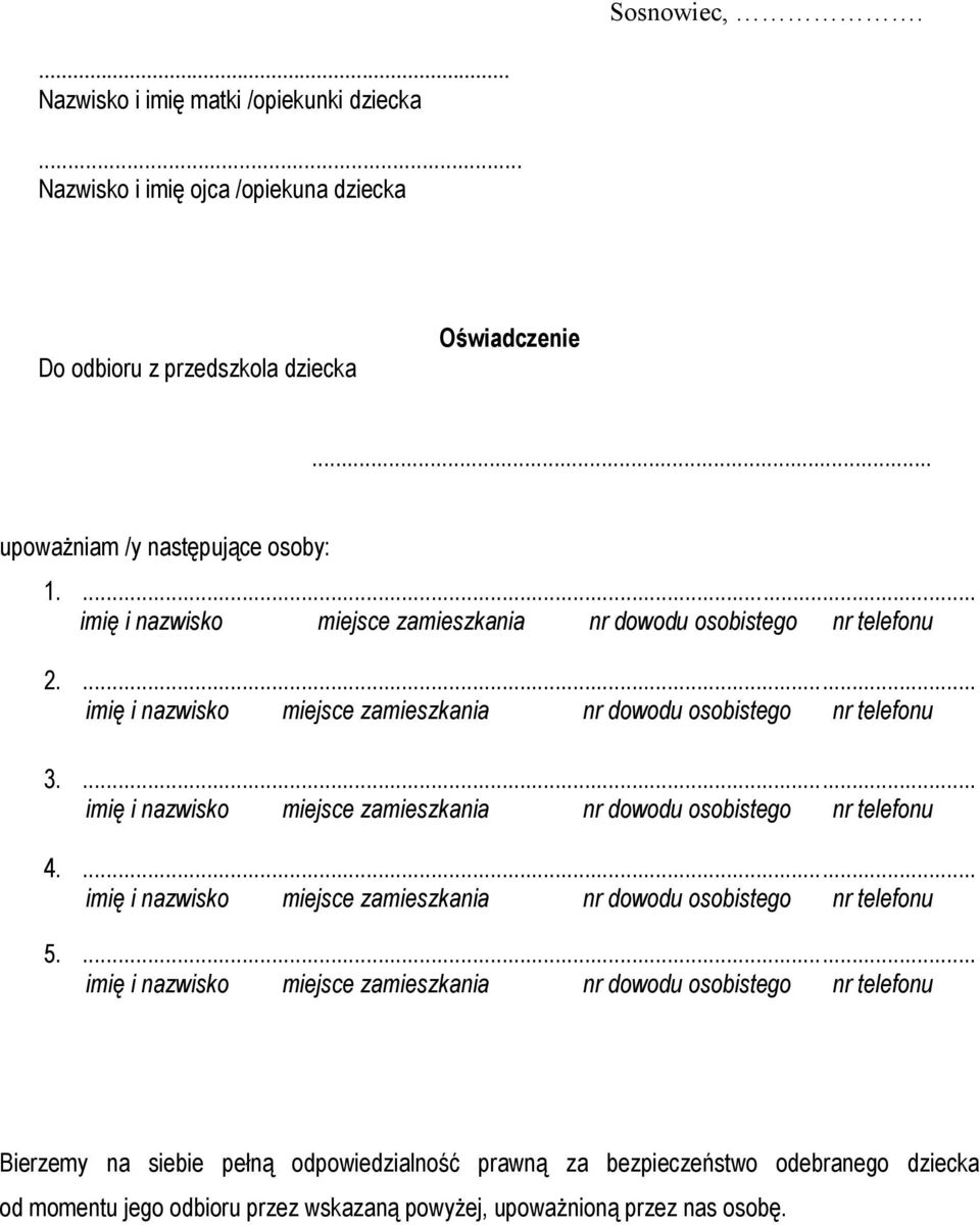 .. upoważniam /y następujące osoby: 1.... 2.... 3.... 4.... 5.